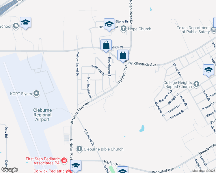 map of restaurants, bars, coffee shops, grocery stores, and more near 1504 Woodside Lane East in Cleburne