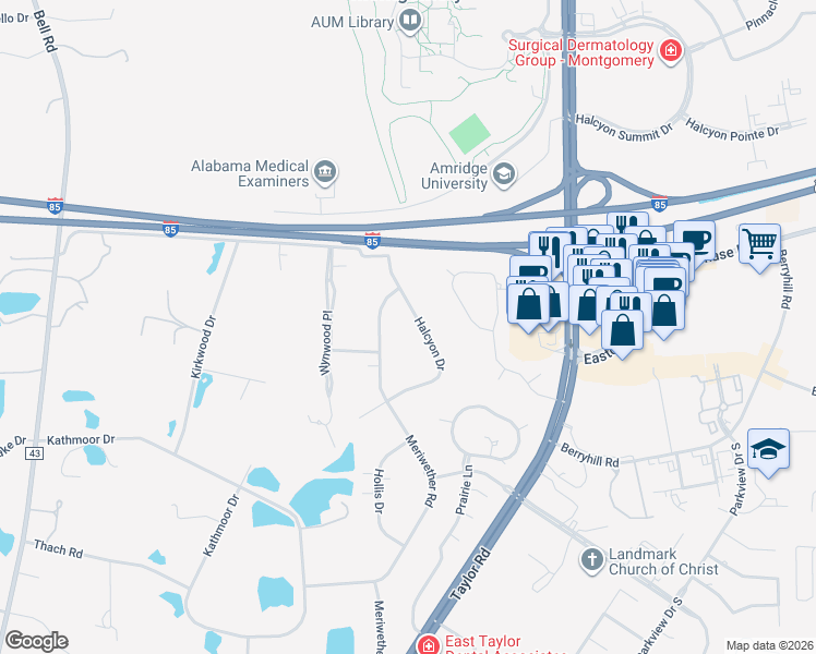 map of restaurants, bars, coffee shops, grocery stores, and more near 6444 Halcyon Drive in Montgomery