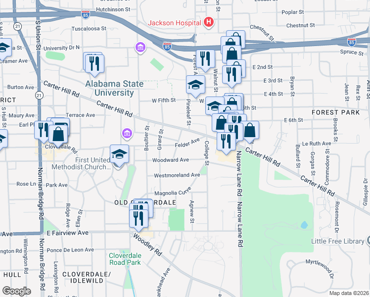 map of restaurants, bars, coffee shops, grocery stores, and more near 1324 Felder Avenue in Montgomery