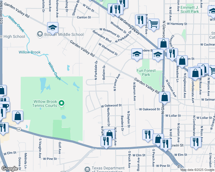 map of restaurants, bars, coffee shops, grocery stores, and more near 2342 Caldwell Boulevard in Tyler