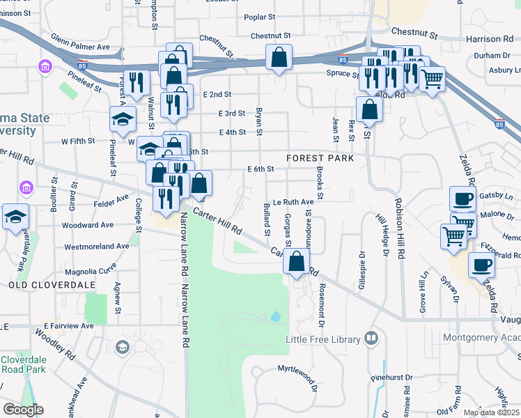 map of restaurants, bars, coffee shops, grocery stores, and more near 2008 Bullard Street in Montgomery