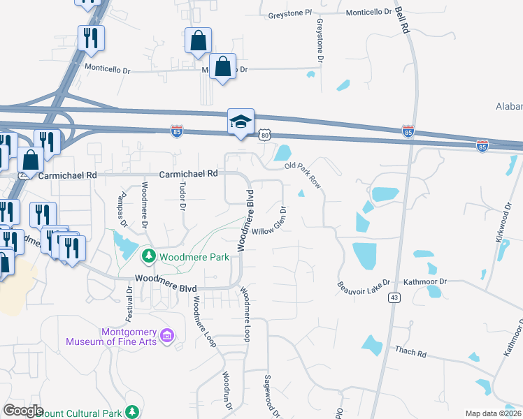 map of restaurants, bars, coffee shops, grocery stores, and more near 6207 Whitewater Ct in Montgomery