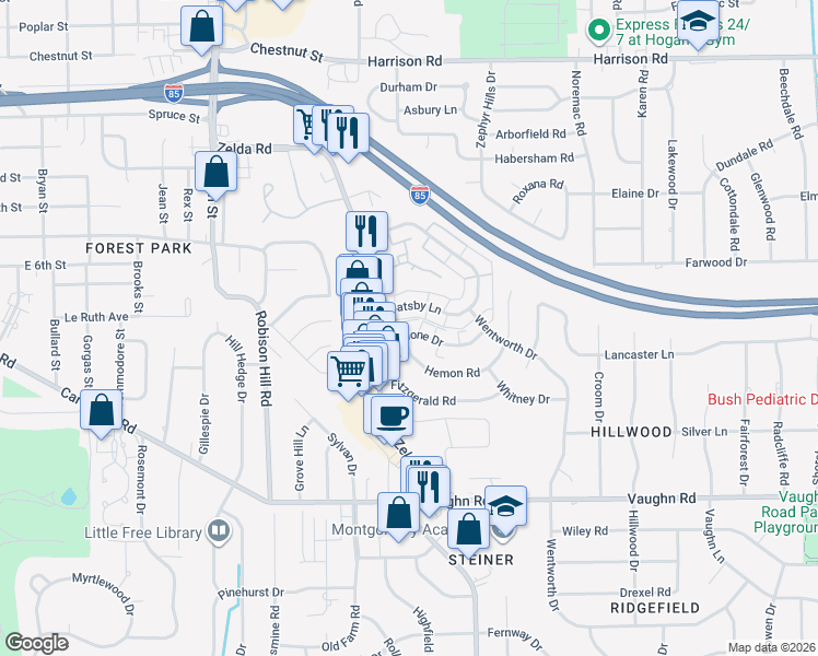 map of restaurants, bars, coffee shops, grocery stores, and more near 3115 Malone Drive in Montgomery