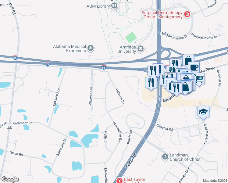 map of restaurants, bars, coffee shops, grocery stores, and more near 6444 Halcyon Drive in Montgomery