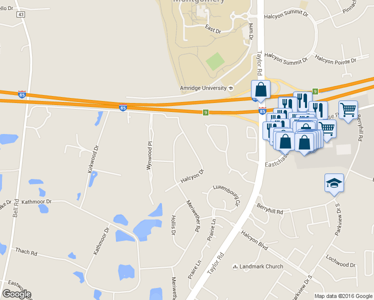 map of restaurants, bars, coffee shops, grocery stores, and more near 6444 Halcyon Drive in Montgomery