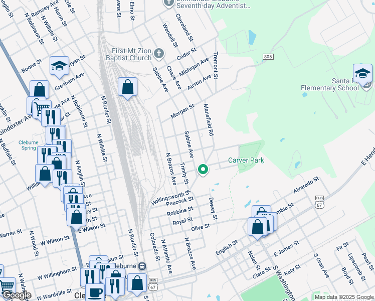 map of restaurants, bars, coffee shops, grocery stores, and more near 305 Santa Fe Street in Cleburne