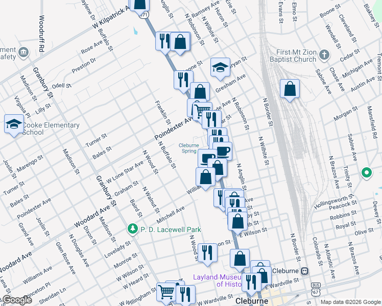 map of restaurants, bars, coffee shops, grocery stores, and more near 211 Graham Street in Cleburne