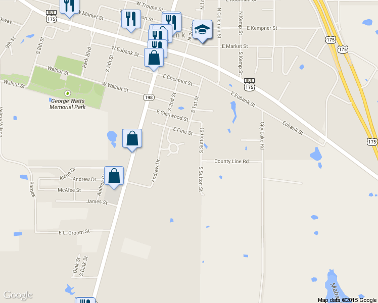 map of restaurants, bars, coffee shops, grocery stores, and more near 814 South Sutton Street in Mabank