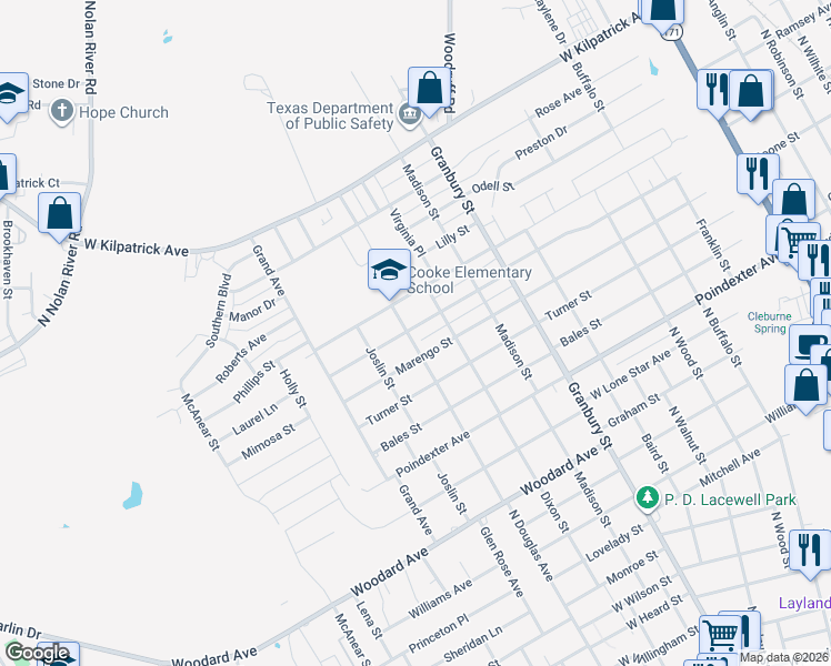 map of restaurants, bars, coffee shops, grocery stores, and more near 1706 North Douglas Avenue in Cleburne