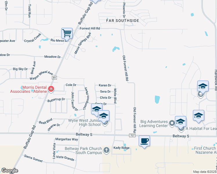 map of restaurants, bars, coffee shops, grocery stores, and more near 4001 Karen Drive in Abilene