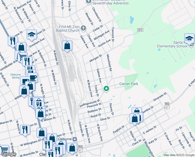 map of restaurants, bars, coffee shops, grocery stores, and more near 305 Santa Fe Street in Cleburne