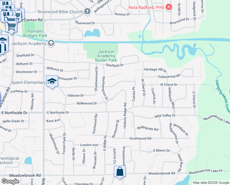 map of restaurants, bars, coffee shops, grocery stores, and more near 2032 Culleywood Road in Jackson