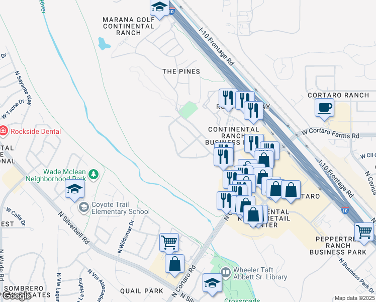 map of restaurants, bars, coffee shops, grocery stores, and more near 6281 West Scotch Pine Lane in Tucson