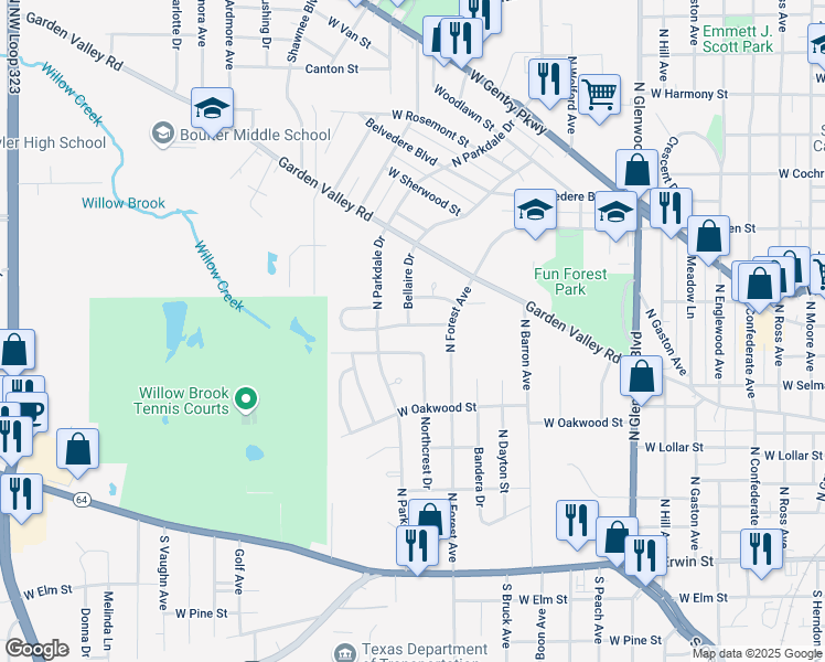map of restaurants, bars, coffee shops, grocery stores, and more near 2342 Caldwell Boulevard in Tyler