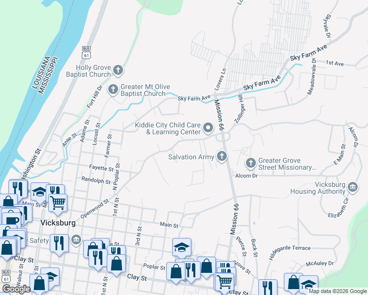 map of restaurants, bars, coffee shops, grocery stores, and more near 1746 Martin Luther King Junior Boulevard in Vicksburg