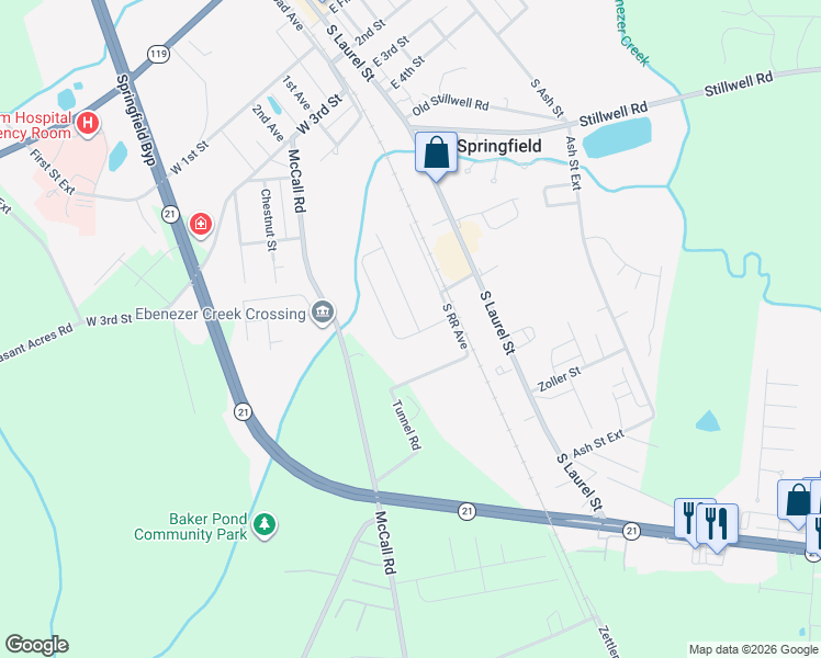 map of restaurants, bars, coffee shops, grocery stores, and more near 916 South Railroad Avenue in Springfield