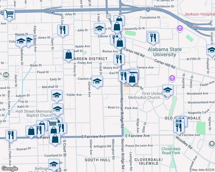 map of restaurants, bars, coffee shops, grocery stores, and more near 310 Cloverdale Road in Montgomery