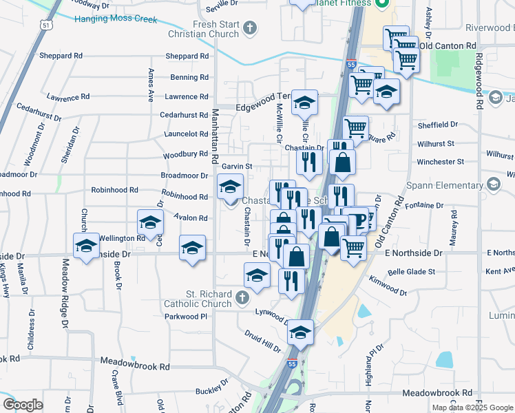 map of restaurants, bars, coffee shops, grocery stores, and more near 4704 Chastain Drive in Jackson