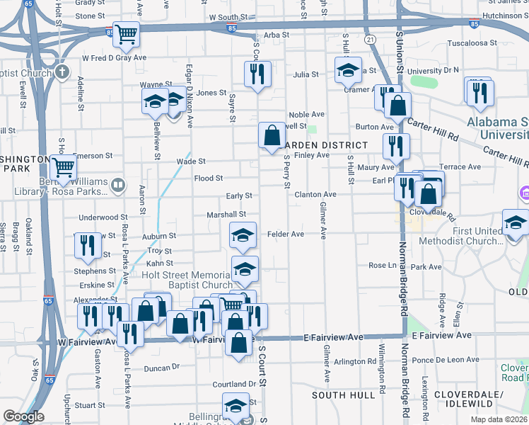 map of restaurants, bars, coffee shops, grocery stores, and more near 1561 South Court Street in Montgomery