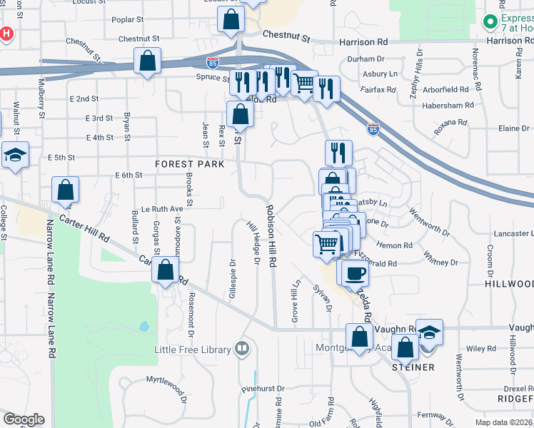 map of restaurants, bars, coffee shops, grocery stores, and more near 1742 Robison Hill Road in Montgomery