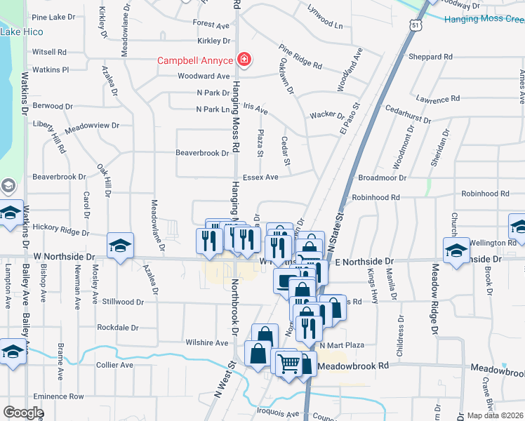 map of restaurants, bars, coffee shops, grocery stores, and more near 4020 Del Rosa Drive in Jackson