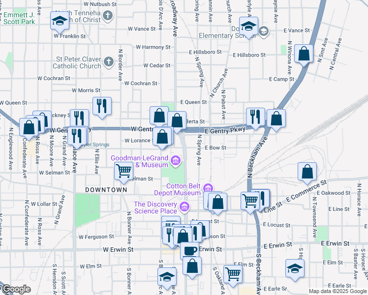 map of restaurants, bars, coffee shops, grocery stores, and more near 100 West Bow Street in Tyler