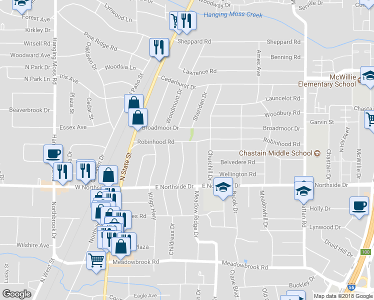 map of restaurants, bars, coffee shops, grocery stores, and more near 4648 Normandy Drive in Jackson