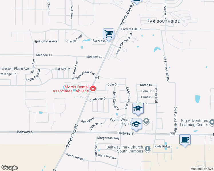 map of restaurants, bars, coffee shops, grocery stores, and more near 4518 Marlboro Drive in Abilene
