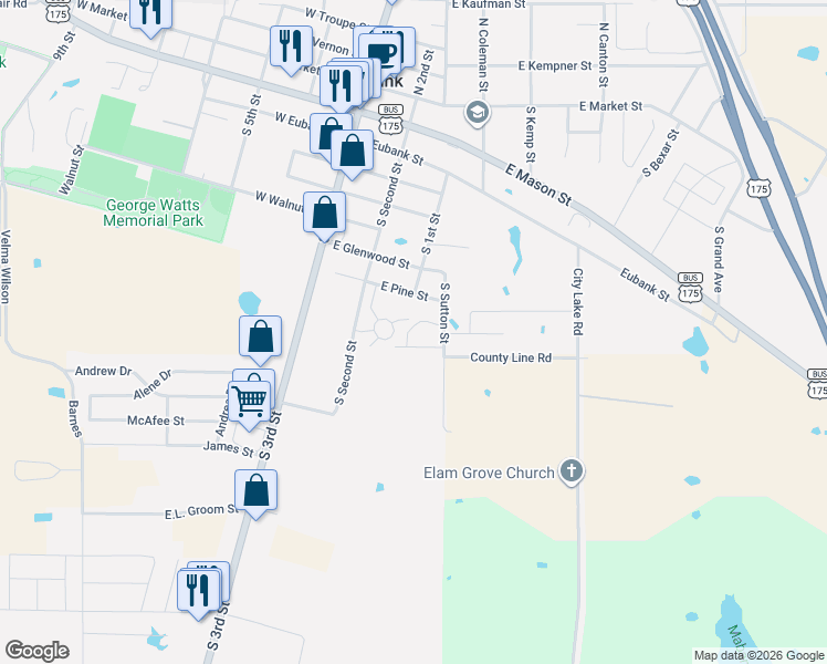 map of restaurants, bars, coffee shops, grocery stores, and more near 814 South Sutton Street in Mabank