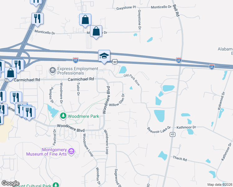 map of restaurants, bars, coffee shops, grocery stores, and more near 6207 Whitewater Court in Montgomery