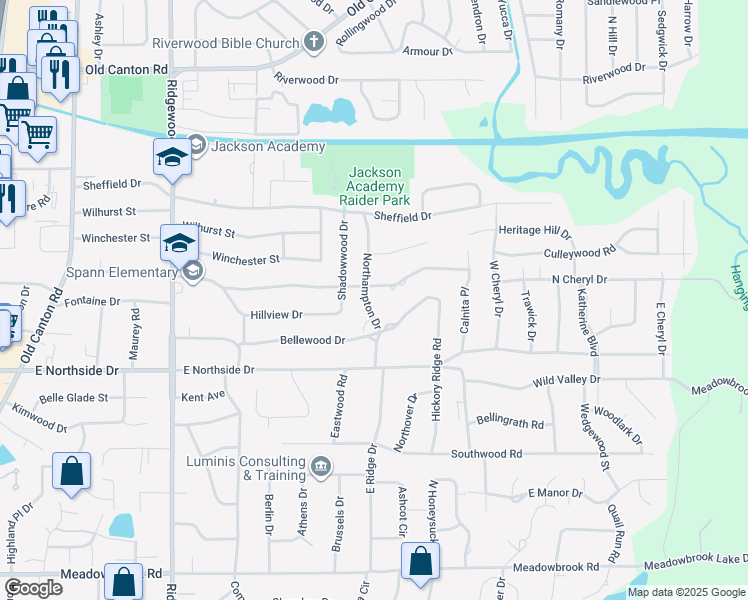 map of restaurants, bars, coffee shops, grocery stores, and more near 4625 Northampton Drive in Jackson
