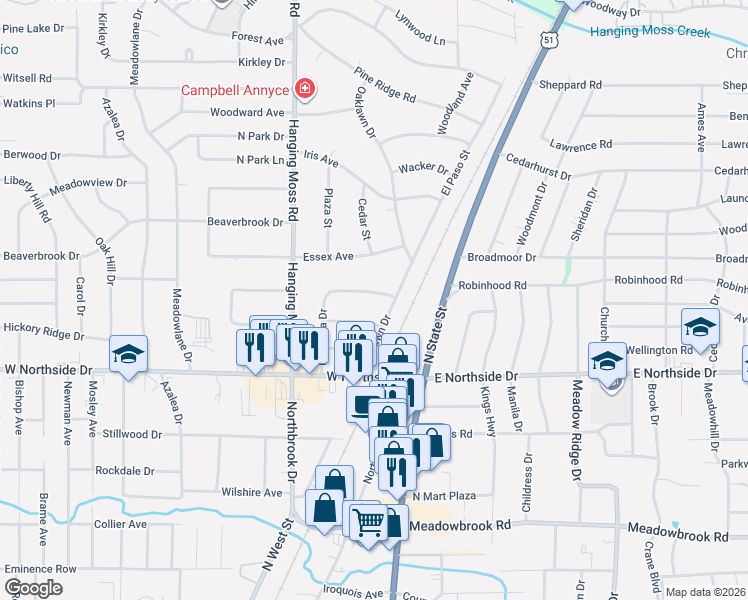 map of restaurants, bars, coffee shops, grocery stores, and more near 130 Del Rio Street in Jackson