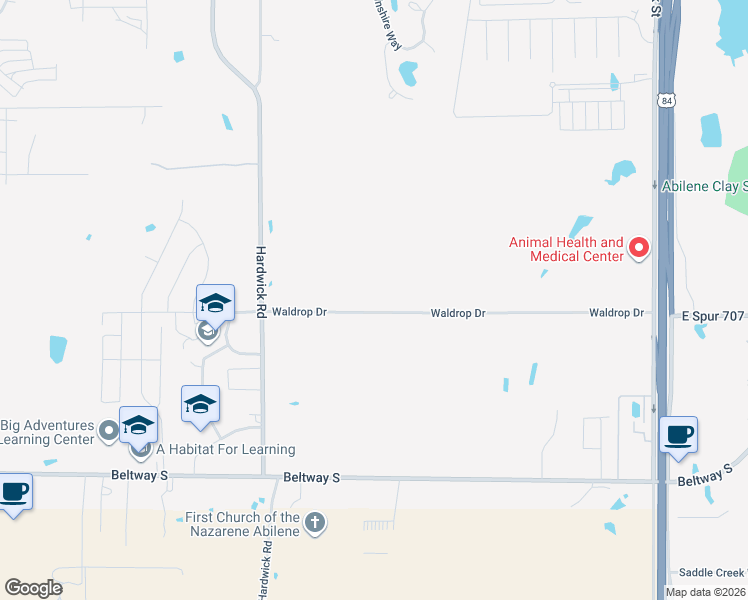map of restaurants, bars, coffee shops, grocery stores, and more near 2590 Waldrop Drive in Abilene