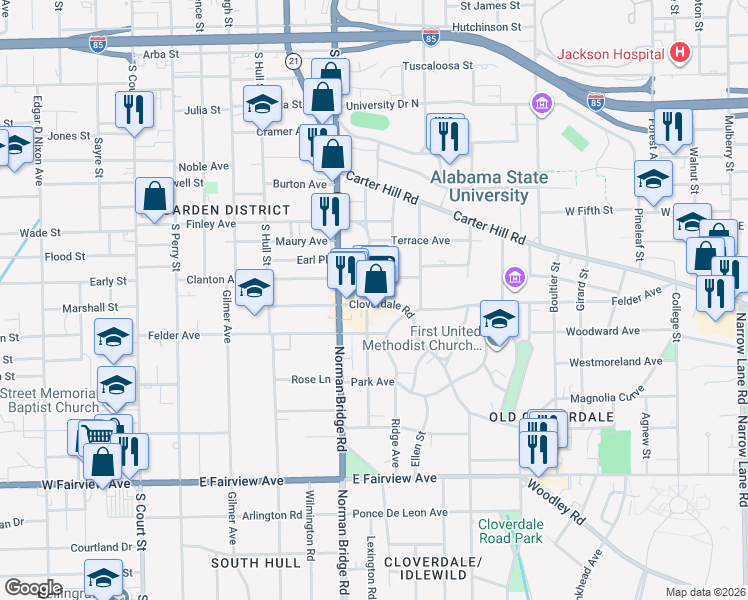 map of restaurants, bars, coffee shops, grocery stores, and more near 514 Cloverdale Road in Montgomery