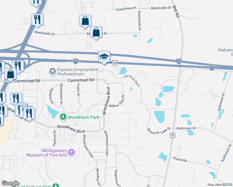 map of restaurants, bars, coffee shops, grocery stores, and more near 6207 Whitewater Court in Montgomery
