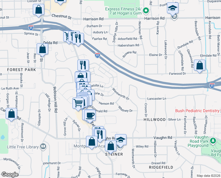 map of restaurants, bars, coffee shops, grocery stores, and more near 3145 Malone Drive in Montgomery