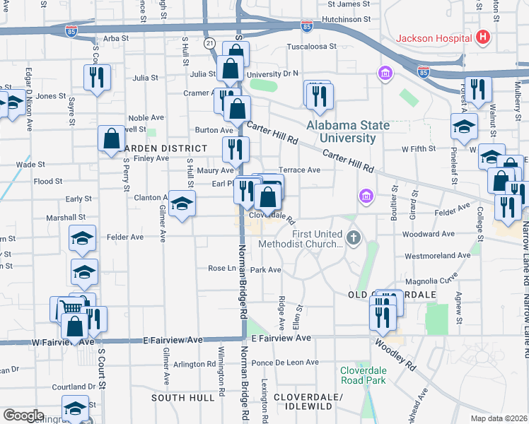 map of restaurants, bars, coffee shops, grocery stores, and more near 514 Cloverdale Road in Montgomery