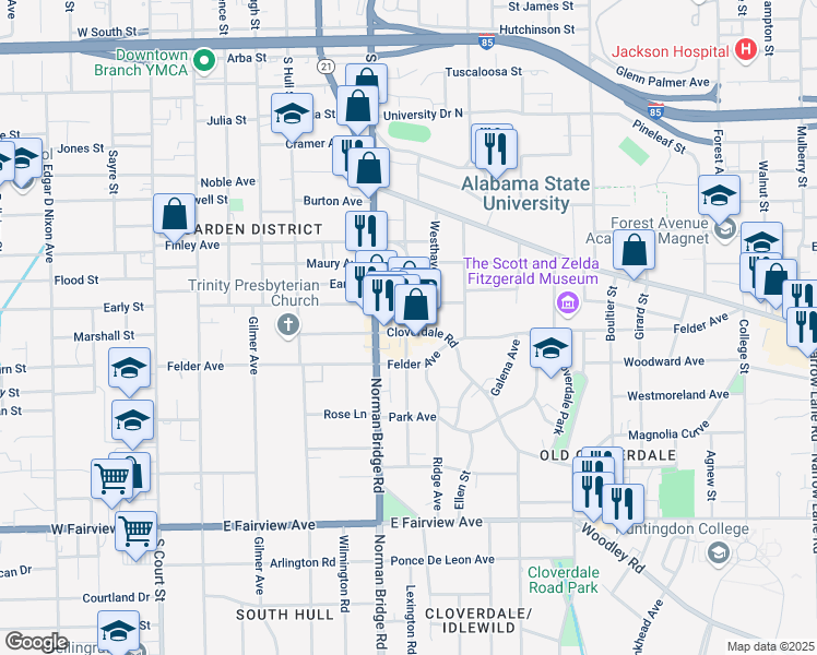 map of restaurants, bars, coffee shops, grocery stores, and more near 514 Cloverdale Road in Montgomery