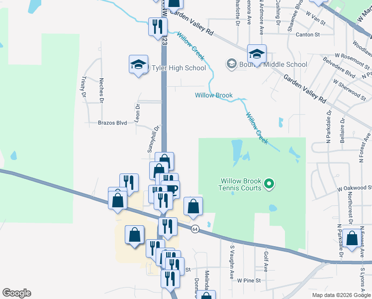 map of restaurants, bars, coffee shops, grocery stores, and more near 501-799 North Northwest Loop 323 in Tyler