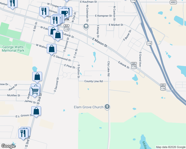 map of restaurants, bars, coffee shops, grocery stores, and more near 504 Bobbie Street in Mabank