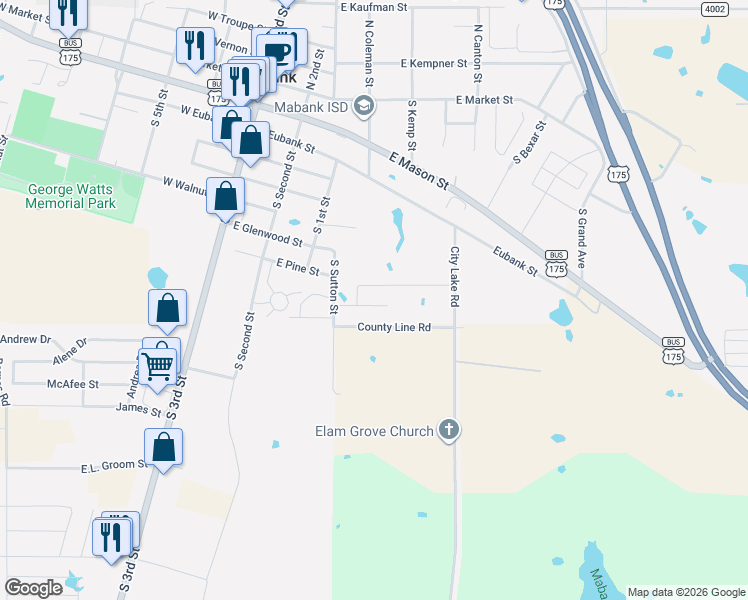 map of restaurants, bars, coffee shops, grocery stores, and more near 504 Bobbie Street in Mabank