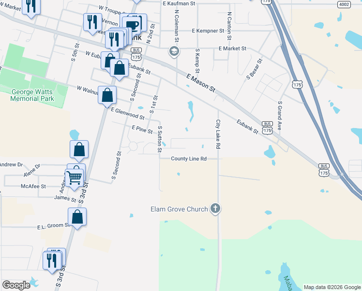 map of restaurants, bars, coffee shops, grocery stores, and more near 504 Bobbie Street in Mabank