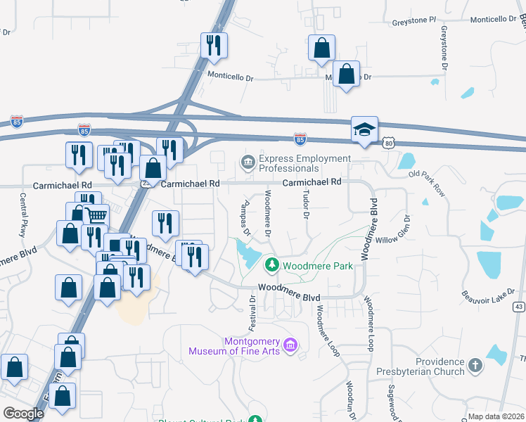 map of restaurants, bars, coffee shops, grocery stores, and more near 1425 Pampas Place in Montgomery