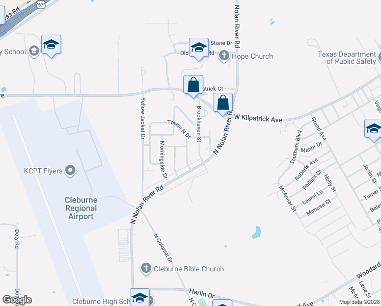 map of restaurants, bars, coffee shops, grocery stores, and more near 1504 Woodside Lane East in Cleburne