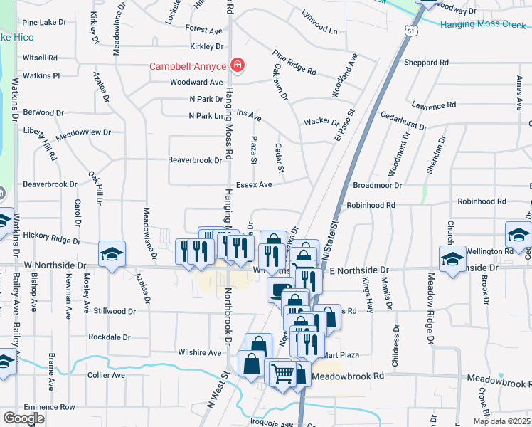 map of restaurants, bars, coffee shops, grocery stores, and more near 4127 Del Rosa Drive in Jackson