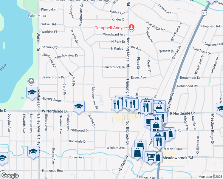 map of restaurants, bars, coffee shops, grocery stores, and more near 352 Northside Circle in Jackson