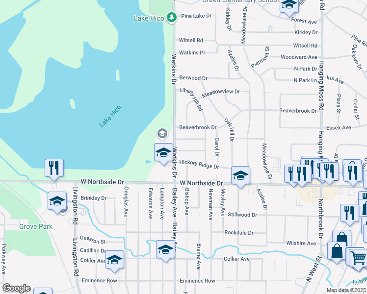 map of restaurants, bars, coffee shops, grocery stores, and more near 755 Kensington Place in Jackson