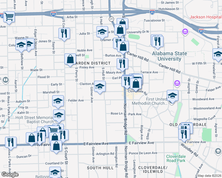map of restaurants, bars, coffee shops, grocery stores, and more near 310 Cloverdale Road in Montgomery