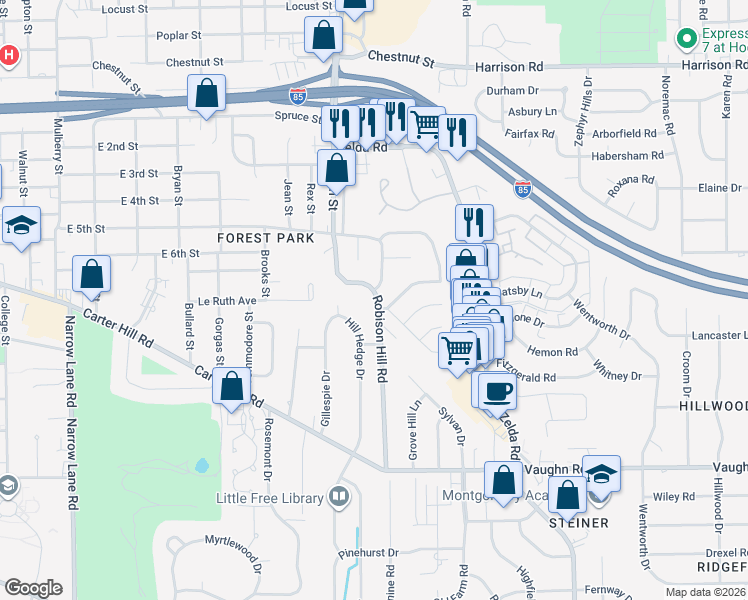map of restaurants, bars, coffee shops, grocery stores, and more near 1742 Robison Hill Road in Montgomery