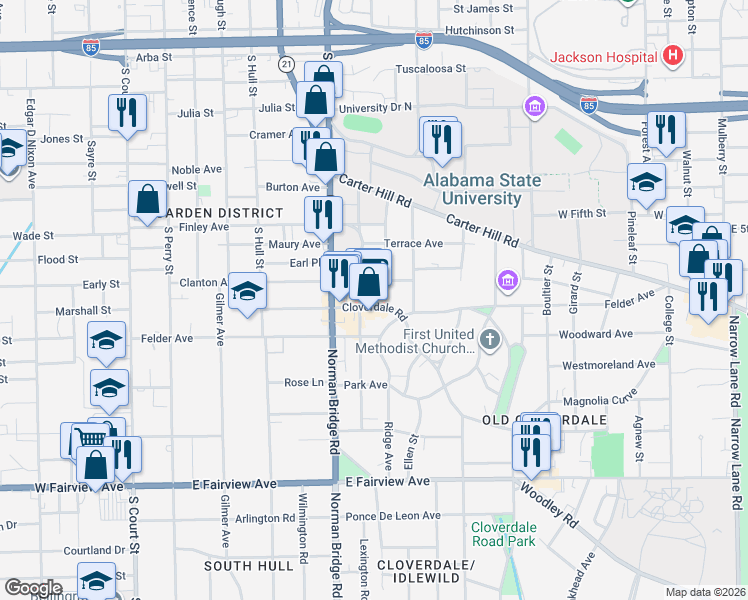 map of restaurants, bars, coffee shops, grocery stores, and more near 514 Cloverdale Road in Montgomery